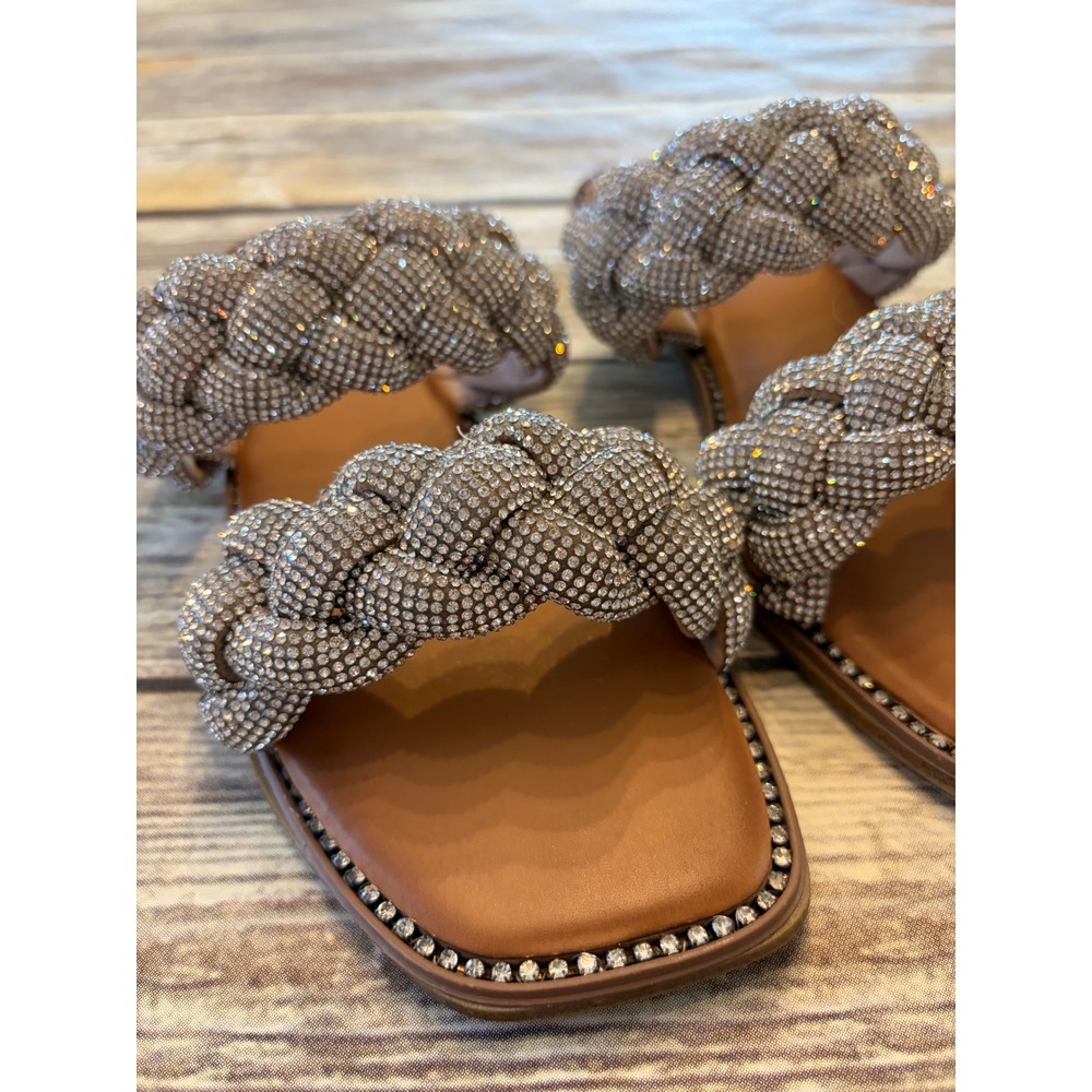 Madden Girl 6.5 Rhinestone Braided Slide Sandals Square Toe Silver Tan Resort - Picture 2 of 5